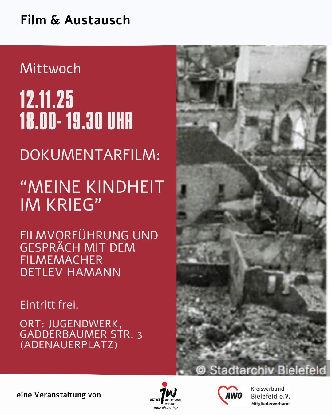 Plakat zur Veranstaltung mit allen relevanten Daten zum Termin. Zudem ein Bild aus Bielefeld vom Stadtarchiv Bielefeld