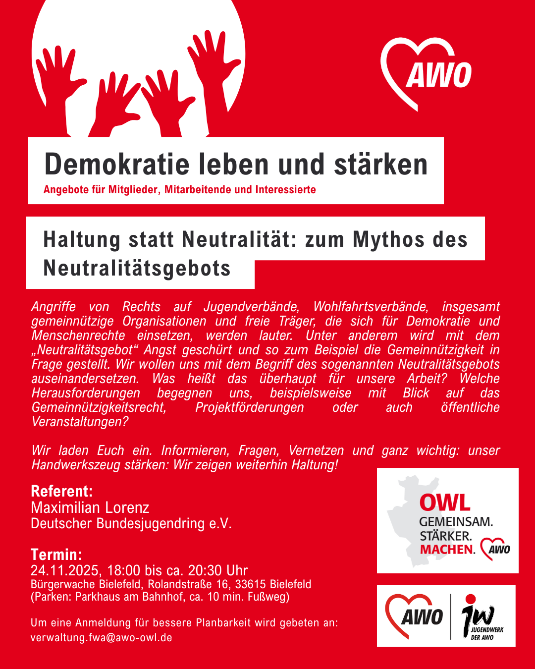 Plakat zur Veranstaltung: Haltung statt Neutralität. Hintergrund rit. Der Text des Plakats verweist auf den Text hier im Beitrag