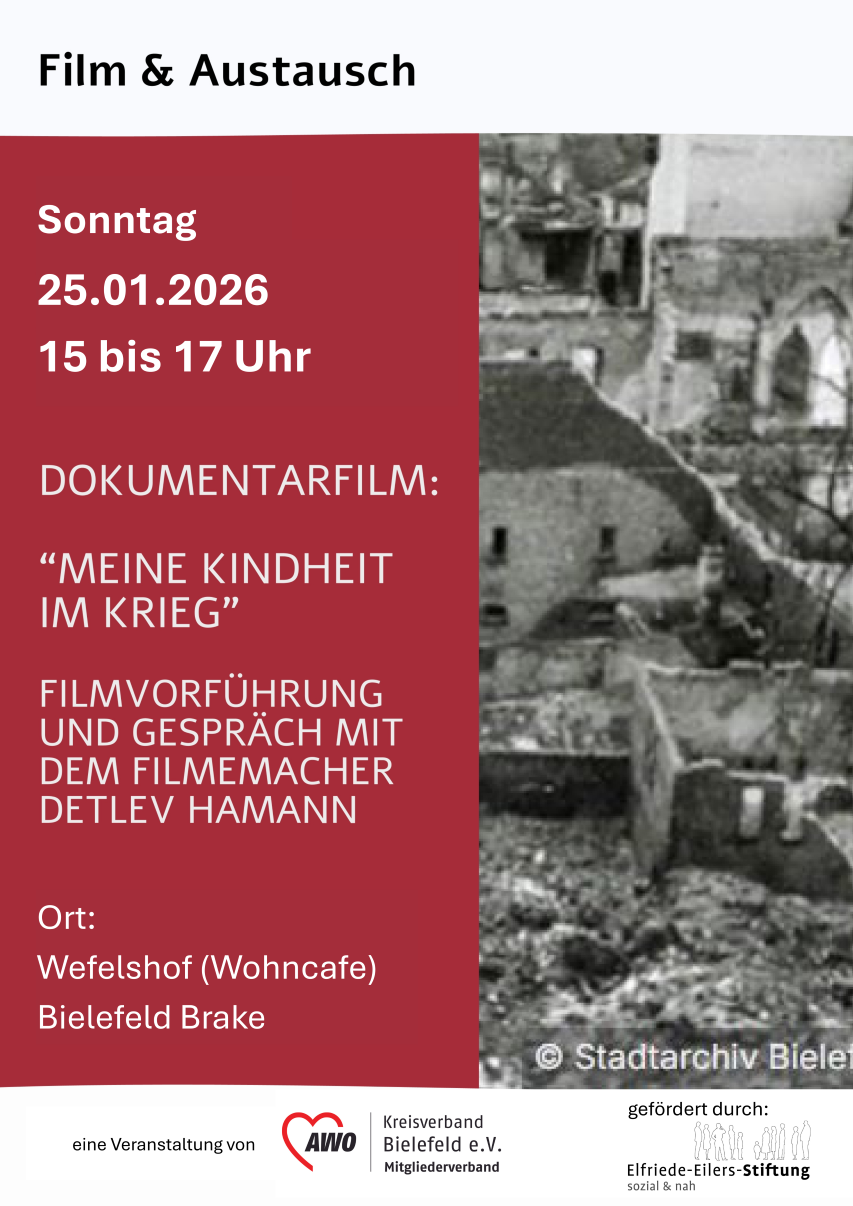 Plakat der Veranstaltung. Links ein Foto eines zerstörten Hauses aus dem zweiten Weltkrieg. Fotonachweis Stadtarchiv. Rechts, in Rot hinterlegt, die Informationen über die Veranstaltung.