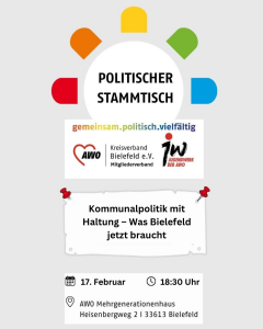 Plakat zur Veranstaltung. Oben ist der Titel "Politischer Stammtisch". Darunter sind das Thema und der Ort und Zeit notiert. Der Hintergrund ist grau