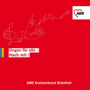 Rote Kachel mit der Aufschrift. Singen für Alle - Mach mit. Im Hintergrund eine gezeichnete Notenlinie