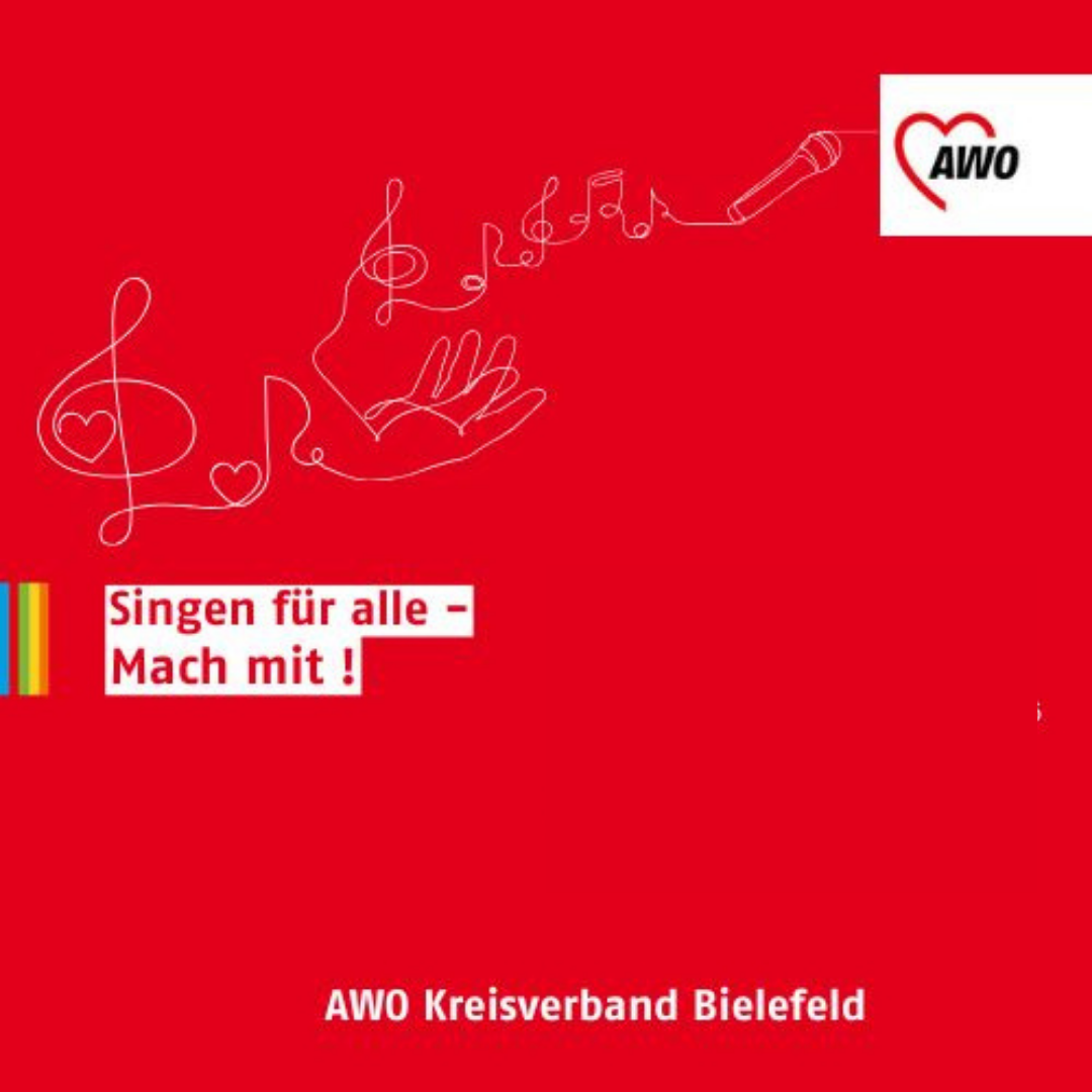 Rote Kachel mit der Aufschrift. Singen für Alle - Mach mit. Im Hintergrund eine gezeichnete Notenlinie