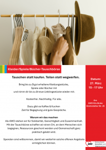 Plakat zur Veranstaltung: Oben ist ein Bild von einem Kleiderständer abgebildet. Darunter steht der Einladungstext der Veranstaltung. Siehe auch Beitrag