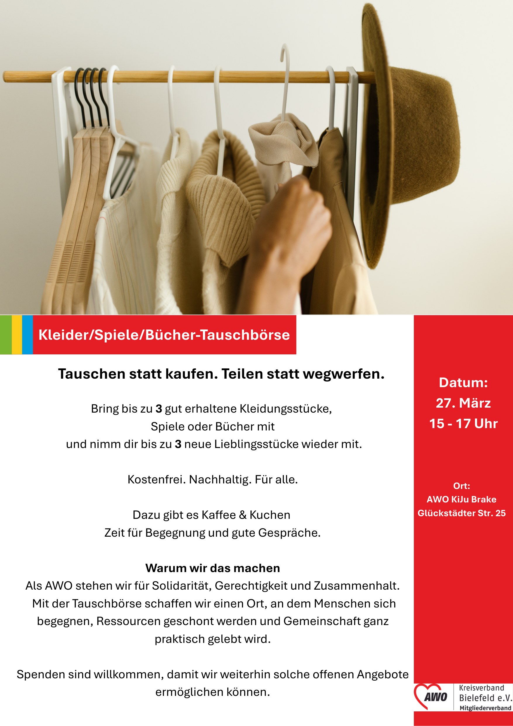 Plakat zur Veranstaltung: Oben ist ein Bild von einem Kleiderständer abgebildet. Darunter steht der Einladungstext der Veranstaltung. Siehe auch Beitrag