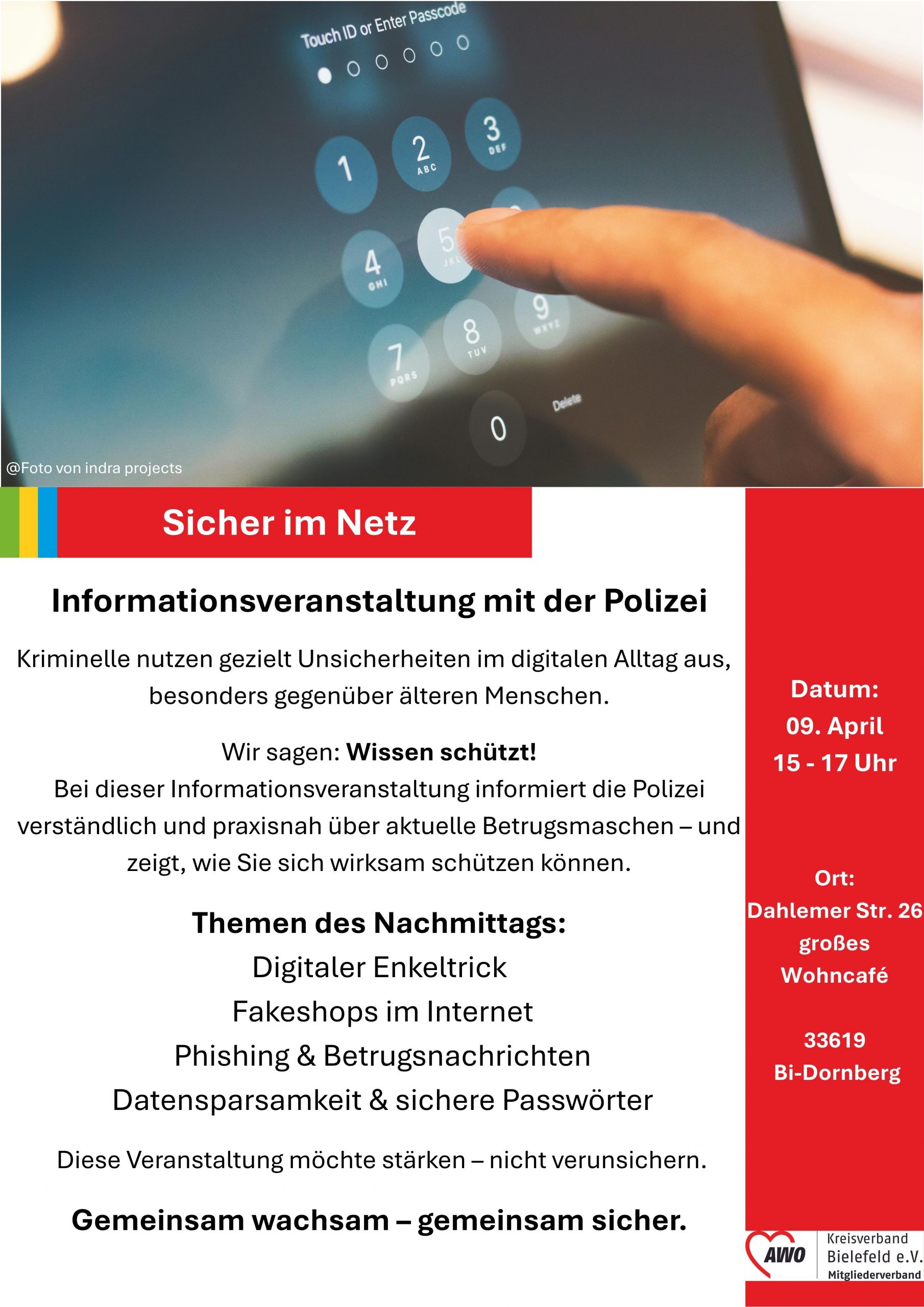 Plakat zur Veranstaltung. Oben ein Bild eines Touch-Screens bei der Eingabe eines Passcodes. Darunter der Text zur Veranstaltung