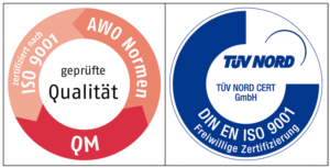 Das Bild zeigt zwei Qualitätssiegel: links ein AWO-ISO-9001-Zertifikat für geprüfte Qualität, rechts ein TÜV NORD DIN EN ISO 9001-Zertifikat für freiwillige Zertifizierung.