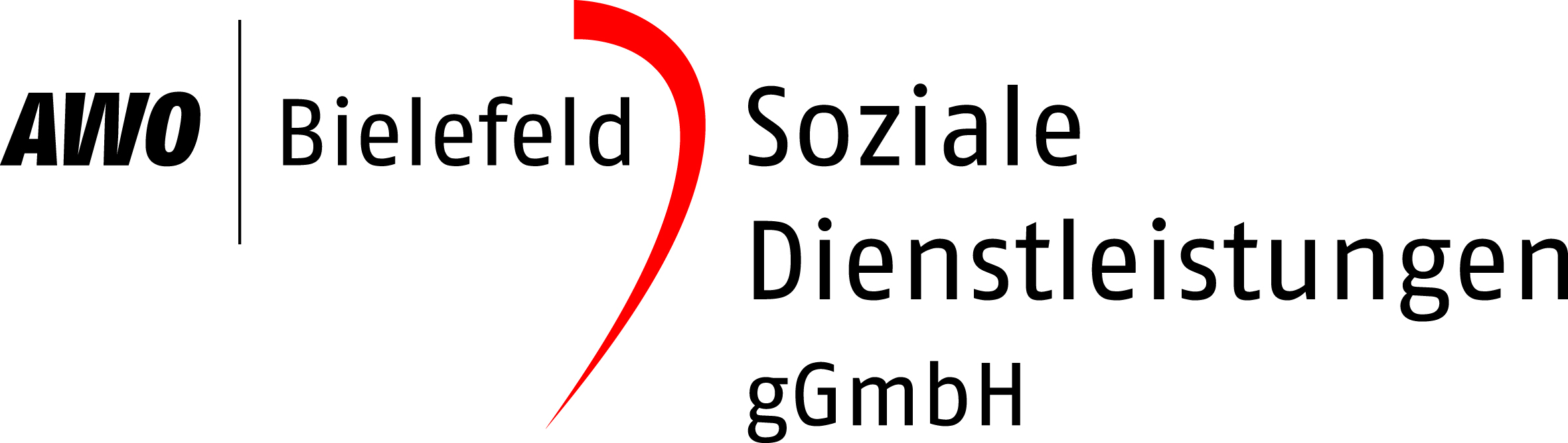 Logo AWO Bielefeld Soziale Dienstleistungen gGmbH als Schriftzug in schwarzer Schrift mit einem angedeuteten rotem Herz