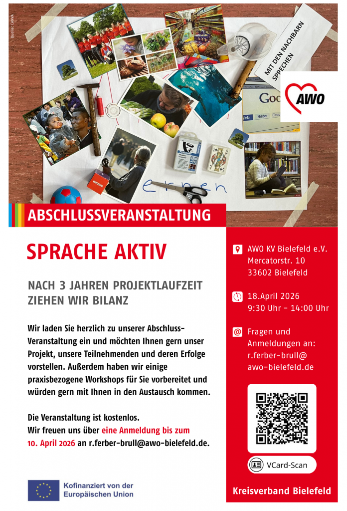 Einladung zur Abschlussveranstaltung - Sprache Aktiv - am 18.April 2026 von 9:30 Uhr bis 14:00 Uhr in der AWO BI Geschäftstelle.  Kostenlose Teilnahme möglich; Anmeldung unter r.ferber-brull@awo-bielefeld.de  