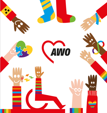 Grafische Darstellung verschiedener Hände mit Inklusions- und Vielfaltssymbolen wie unterschiedliche Hautfarben, Rollstuhlikon, bunte Herzen, blau-gelbe Schleife Trisomie 21, ASS Symbole, Hör- und Sehbeeinträchtigungen etc.; Flyerdownload durch klick auf das Bild