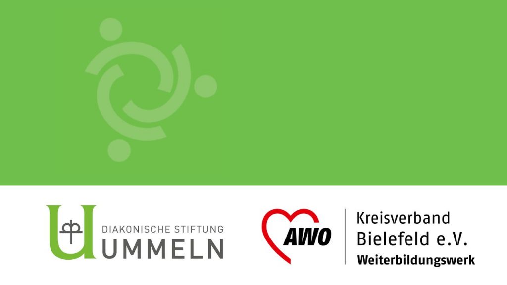 Grünes Logo mit in sich verschlungenen Teilkreisen, darunter Logo Diakonische Stiftung Ummeln und Logo AWO Kreisverband Bielefeld e.V. Weiterbildungswerk