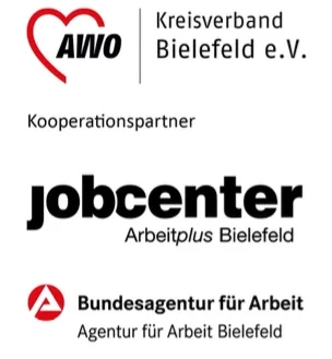 Logos AWO Kreisverband Bielefeld e.V., jobcenter Arbeitplus Bielefeld und Bundesagentur für Arbeit Bielefeld