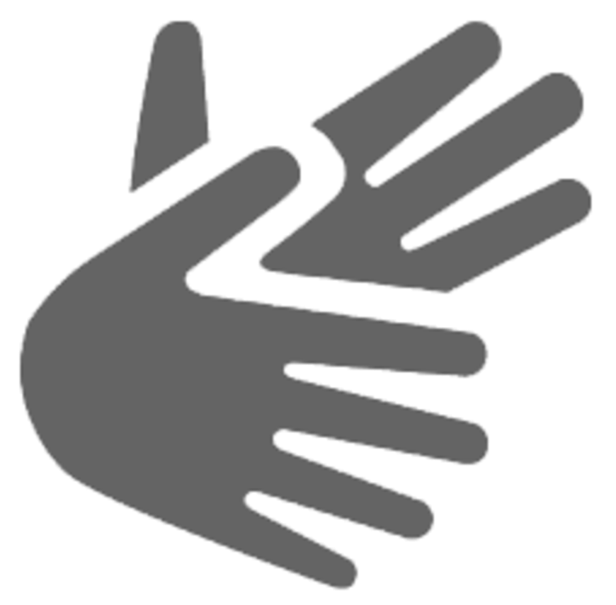 Graues Symbol mit zwei stilisierten Händen, die sich überkreuzen – steht für Gebärdensprache und barrierefreie Kommunikation für Gehörlose.